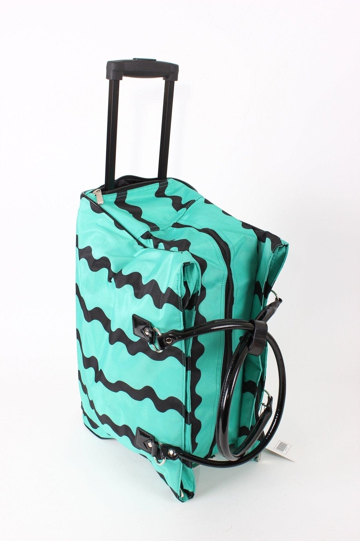 Turquoise and black wavy stripe rolling duffel bag with extended handle