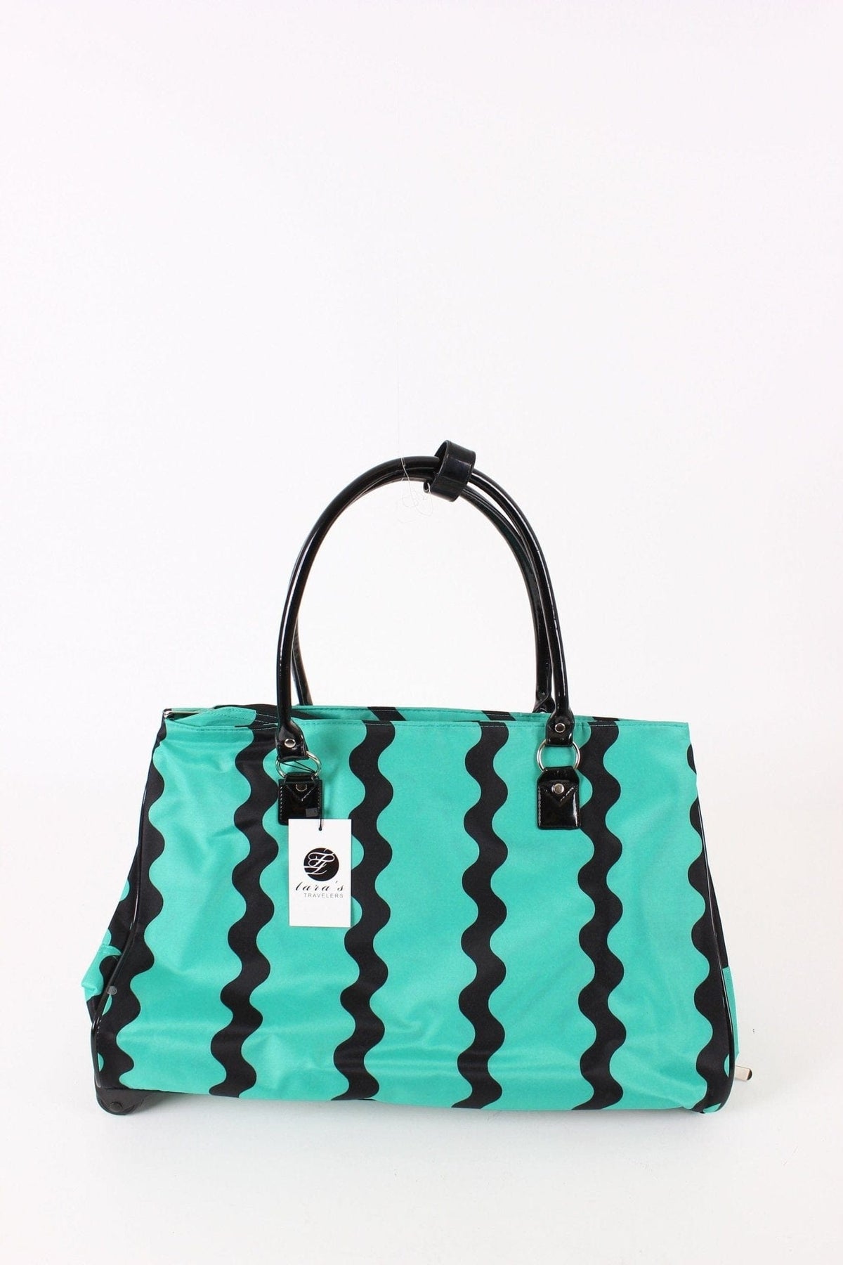 Turquoise and black rolling duffel bag carry view